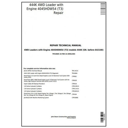 TM10685 John Deere 444K 4WD Loader Pdf Repair Service Technical Manual