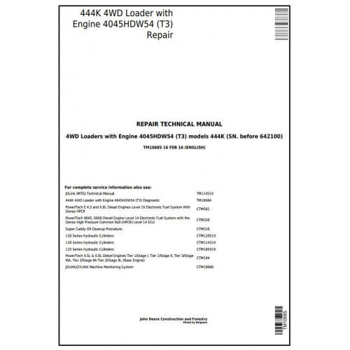 TM10685 John Deere 444K 4WD Loader Pdf Repair Service Technical Manual