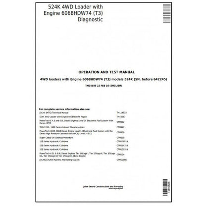 TM10686 John Deere 524K 4WD Loader Pdf Diagnostic, Operation and Test Service Manual
