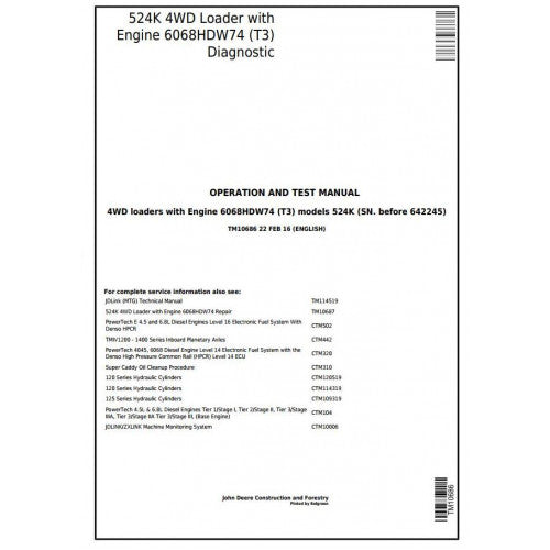 TM10686 John Deere 524K 4WD Loader Pdf Diagnostic, Operation and Test Service Manual
