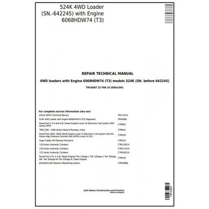 TM10687 John Deere 524K 4WD Loader Pdf Repair Service Technical Manual