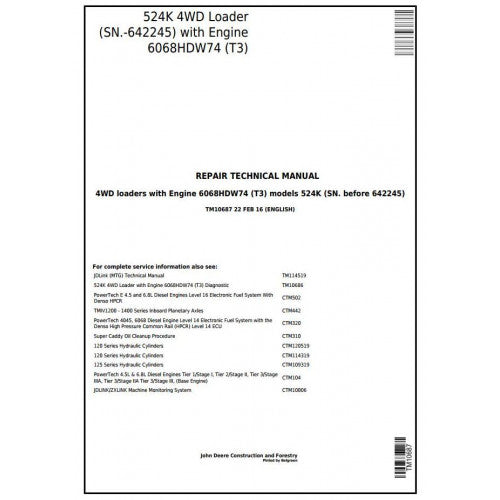 TM10687 John Deere 524K 4WD Loader Pdf Repair Service Technical Manual