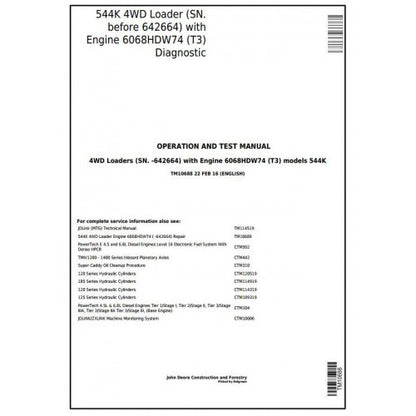TM10688 John Deere 544K 4WD Loader Pdf Operation and Tests Manual