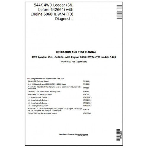 TM10688 John Deere 544K 4WD Loader Pdf Operation and Tests Manual