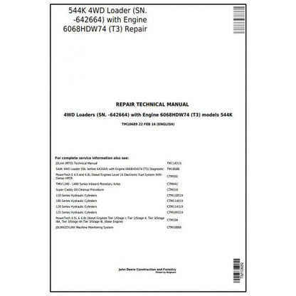 TM10689 John Deere 544K 4WD Loader Pdf Repair Service Technical Manual