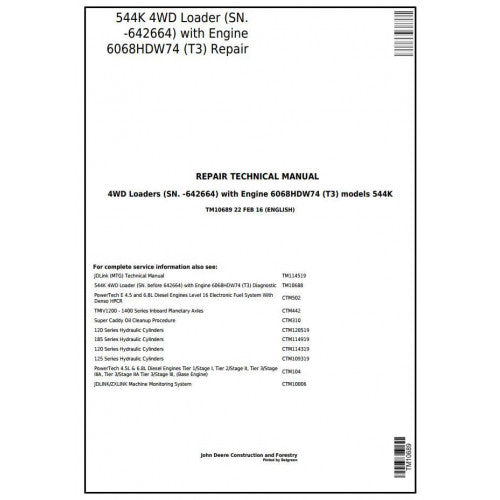 TM10689 John Deere 544K 4WD Loader Pdf Repair Service Technical Manual