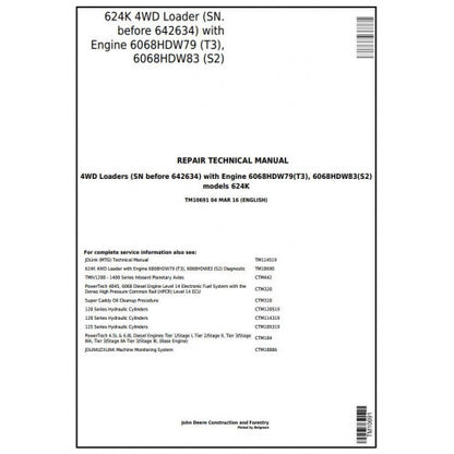 TM10691 John Deere 624K 4WD Loader Pdf Repair Service Technical Manual