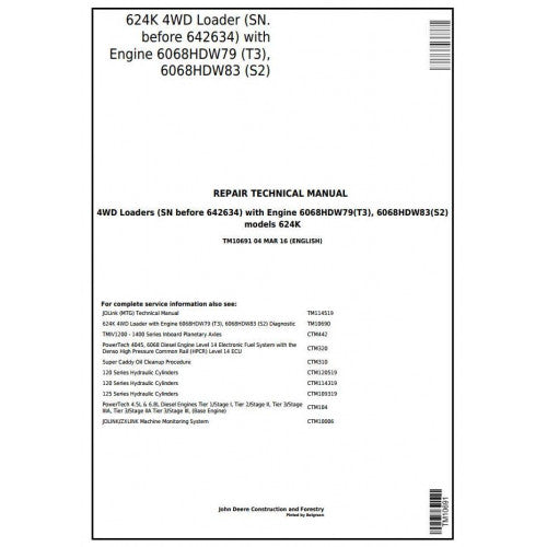 TM10691 John Deere 624K 4WD Loader Pdf Repair Service Technical Manual