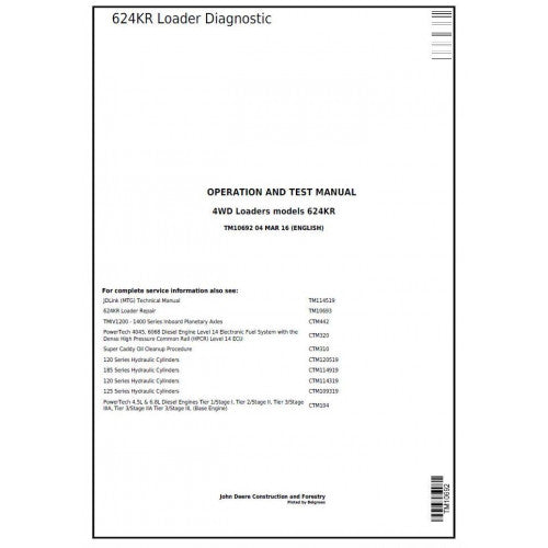 TM10692 John Deere 624KR 4WD Loader Pdf Diagnostic, Operation and Test Service Manual
