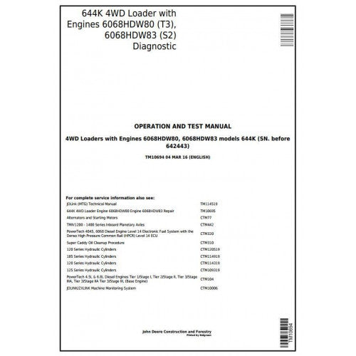 TM10694 John Deere 644K Loader Pdf Diagnostic, Operation and Test Service Manual