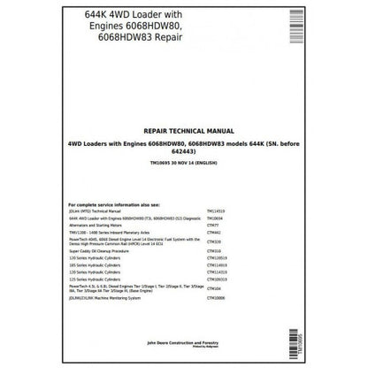 TM10695 John Deere 644K 4WD Loader Pdf Repair Service Technical Manual