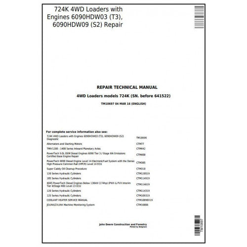 TM10697 John Deere 724K 4WD Loader Pdf Repair Service Technical Manual