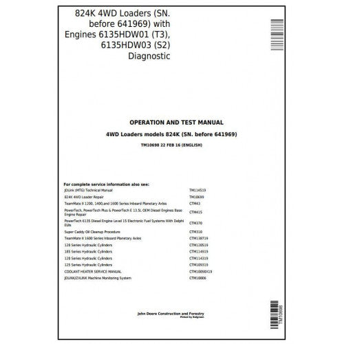 TM10698 John Deere 824K 4WD Loader Pdf Diagnostic, Operation and Test Service Manual