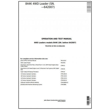 TM10700 John Deere 844K 4WD Loader Pdf Diagnostic, Operation and Test Service Manual