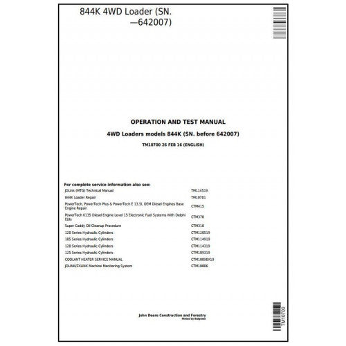 TM10700 John Deere 844K 4WD Loader Pdf Diagnostic, Operation and Test Service Manual
