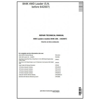 TM10701 John Deere 844K 4WD Loader Pdf Repair Service Technical Manual