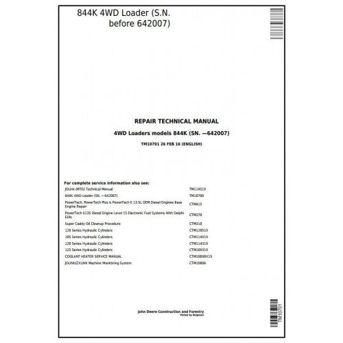 TM10701 John Deere 844K 4WD Loader Pdf Repair Service Technical Manual