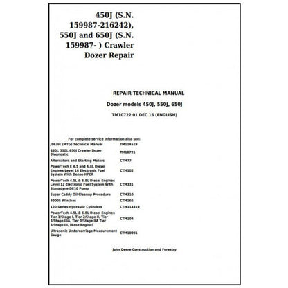 TM10722 John Deere 450J, 550J, 650J Crawler Dozer Pdf Repair Service Technical Manual