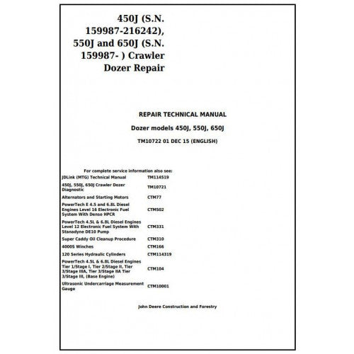TM10722 John Deere 450J, 550J, 650J Crawler Dozer Pdf Repair Service Technical Manual