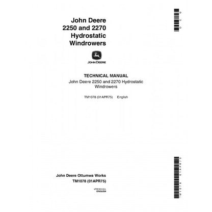 TM1078 John Deere 2250 and 2270 Self-Propelled Windrowers Pdf Technical Service Manual