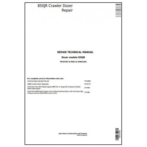 TM10780 John Deere 850JR Crawler Dozer Pdf Repair Service Technical Manual