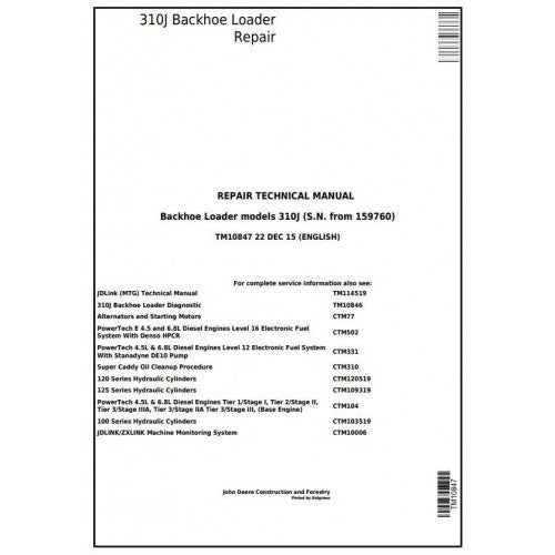 TM10847 John Deere 310J Backhoe Loader Pdf Repair Service Technical Manual