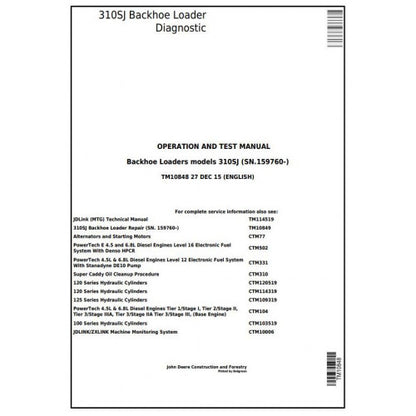 TM10848 John Deere 310SJ Backhoe Loader Pdf Diagnostic, Operation and Test Service Manual