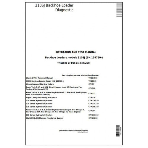TM10848 John Deere 310SJ Backhoe Loader Pdf Diagnostic, Operation and Test Service Manual