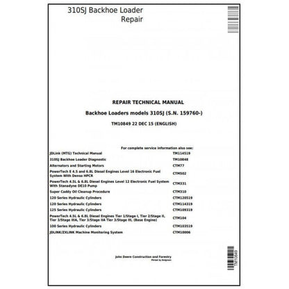 TM10849 John Deere 310SJ Backhoe Loader Pdf Repair Service Technical Manual