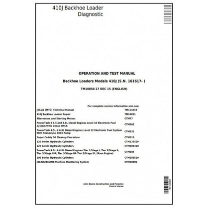 TM10850 John Deere 410J Backhoe Loader Pdf Diagnostic, Operation and Test Service Manual