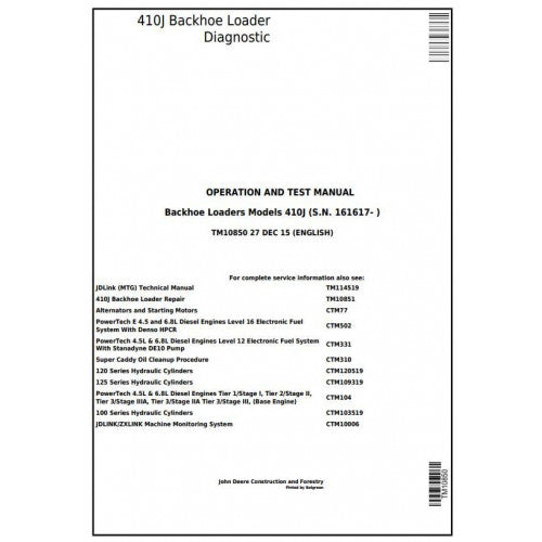 TM10850 John Deere 410J Backhoe Loader Pdf Diagnostic, Operation and Test Service Manual