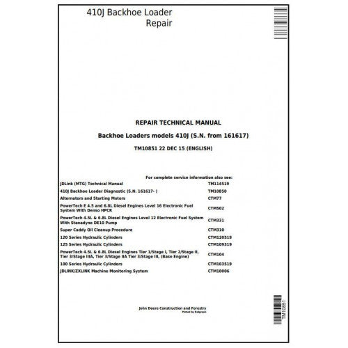 TM10851 John Deere 410J Backhoe Loader Pdf Repair Service Technical Manual