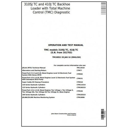 TM10852 John Deere 310SJ TC, 410J TC Backhoe Loader Pdf Diagnostic, Operation and Test Service Manual