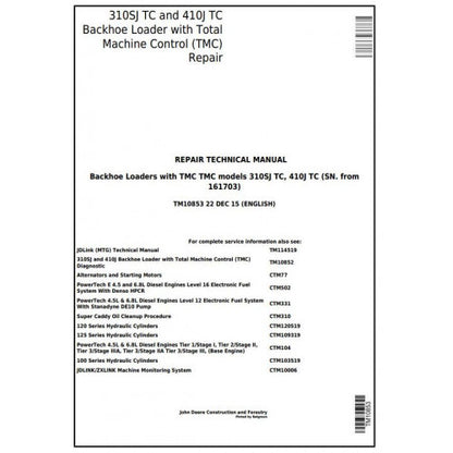 TM10853 John Deere 310SJ TC, 410J TC Backhoe Loader Pdf Repair Service Technical Manual