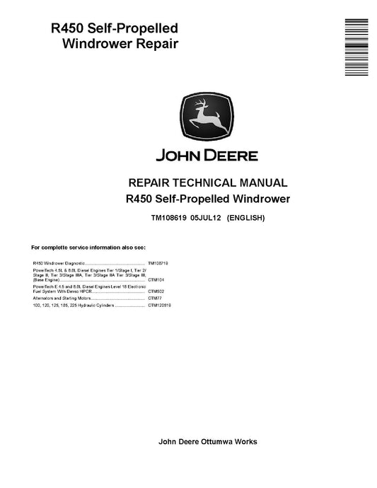 TM108619 John Deere R450 Self-Propelled Hay and Forage Windrowers Pdf Technical Service Manual