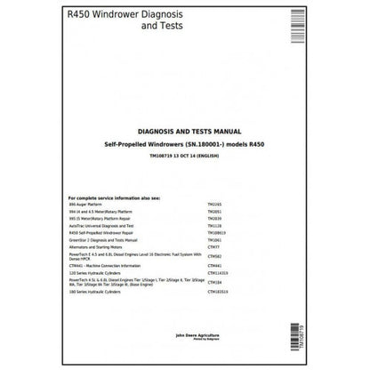 TM108719 John Deere R450 Self-Propelled Hay and Forage Windrower Pdf Diagnosis and Tests Service Manual