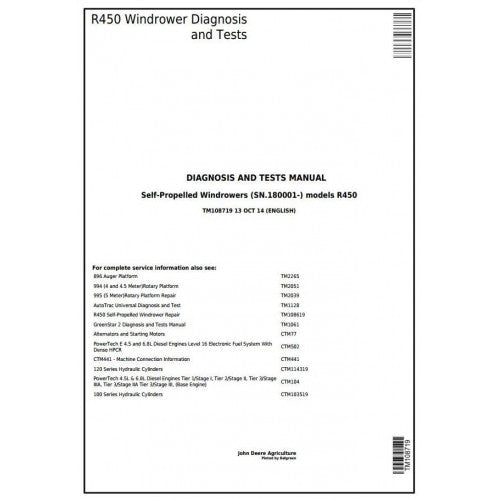 TM108719 John Deere R450 Self-Propelled Hay and Forage Windrower Pdf Diagnosis and Tests Service Manual
