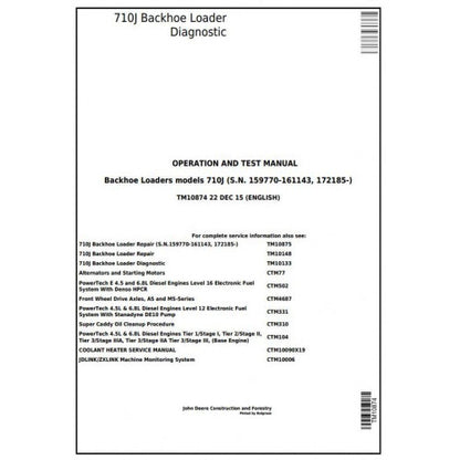 TM10874 John Deere 710J Backhoe Loader Pdf Diagnostic, Operation and Test Service Manual