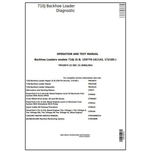 TM10874 John Deere 710J Backhoe Loader Pdf Diagnostic, Operation and Test Service Manual