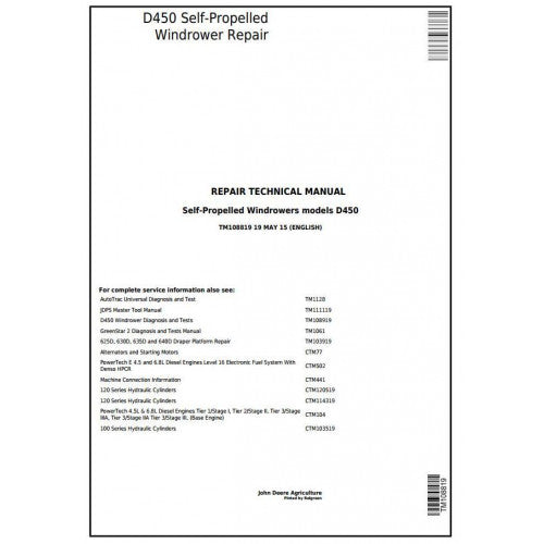 TM108819 John Deere D450 Self-Propelled Hay and Forage Windrowers Pdf Technical Service Manual
