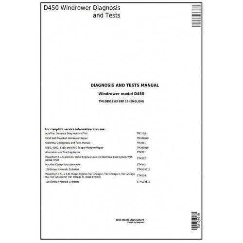TM108919 John Deere D450 Self-Propelled Hay and Forage Windrower Pdf Diagnosis and Tests Service Manual