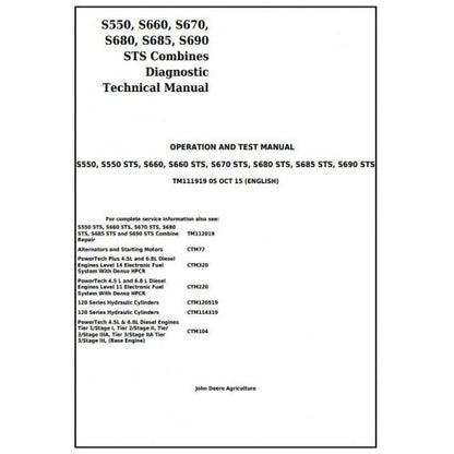 TM111919 John Deere S550, S660, S670, S680, S685, S690 STS Combines Pdf Operation and Tests Manual