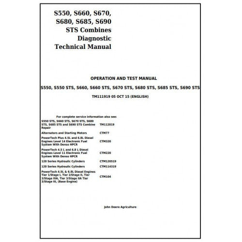 TM111919 John Deere S550, S660, S670, S680, S685, S690 STS Combines Pdf Operation and Tests Manual