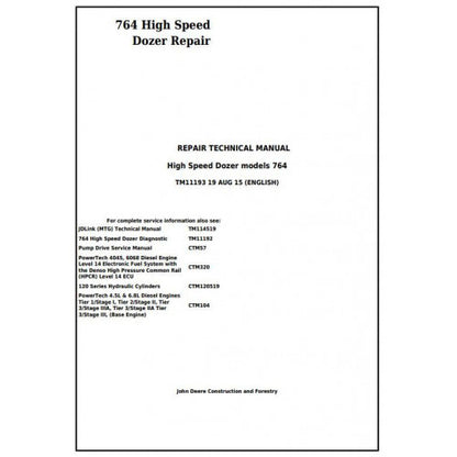 TM11193 John Deere 764 High Speed Crawler Dozer Pdf Repair Service Technical Manual
