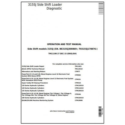 TM11198 John Deere 315SJ Side Shift Loader Pdf Diagnostic, Operation and Test Service Manual