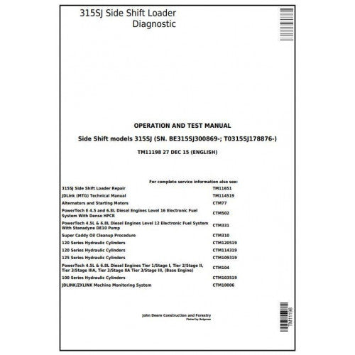 TM11198 John Deere 315SJ Side Shift Loader Pdf Diagnostic, Operation and Test Service Manual