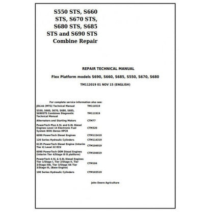 TM112019 John Deere S550STS, S660STS, S670STS, S680STS, S685STS, S690STS Combines Pdf Technical Service Manual