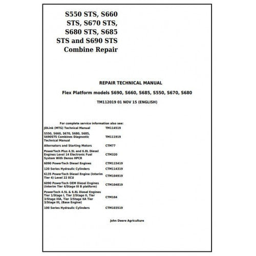 TM112019 John Deere S550STS, S660STS, S670STS, S680STS, S685STS, S690STS Combines Pdf Technical Service Manual