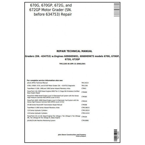 TM11205 John Deere 670G, 670GP, 672G, 672GP Motor Grader Pdf Repair Service Technical Manual
