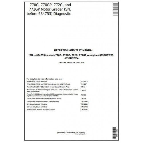 TM11206 John Deere 770G, 770GP, 772G, 772GP Motor Grader Pdf Diagnostic, Operation and Test Service Manual